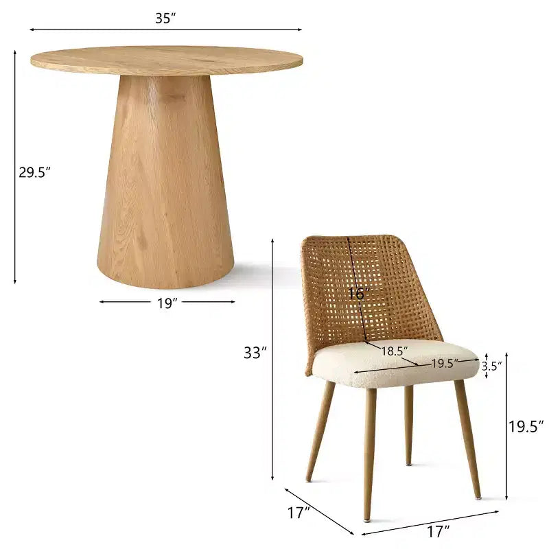 Ensemble table à manger ronde pour 2, Table piédestal moderne de 89 cm et chaises de salle à manger rembourrées avec dossiers en rotin, parfait pour les petits espaces de salle à manger-Panipeachy