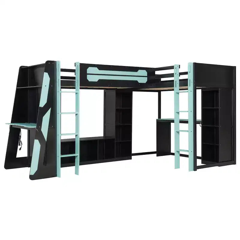 Lit mezzanine de jeu en L avec bureaux, lits superposés doubles avec lumières LED, ports USB, étagères de rangement, lit mezzanine d'angle en bois pour 2 personnes