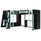 Lit mezzanine de jeu en L avec bureaux, lits superposés doubles avec lumières LED, ports USB, étagères de rangement, lit mezzanine d'angle en bois pour 2 personnes