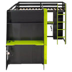 Lit mezzanine de jeu en L avec bureaux, lits superposés doubles avec lumières LED, ports USB, étagères de rangement, lit mezzanine d'angle en bois pour 2 personnes