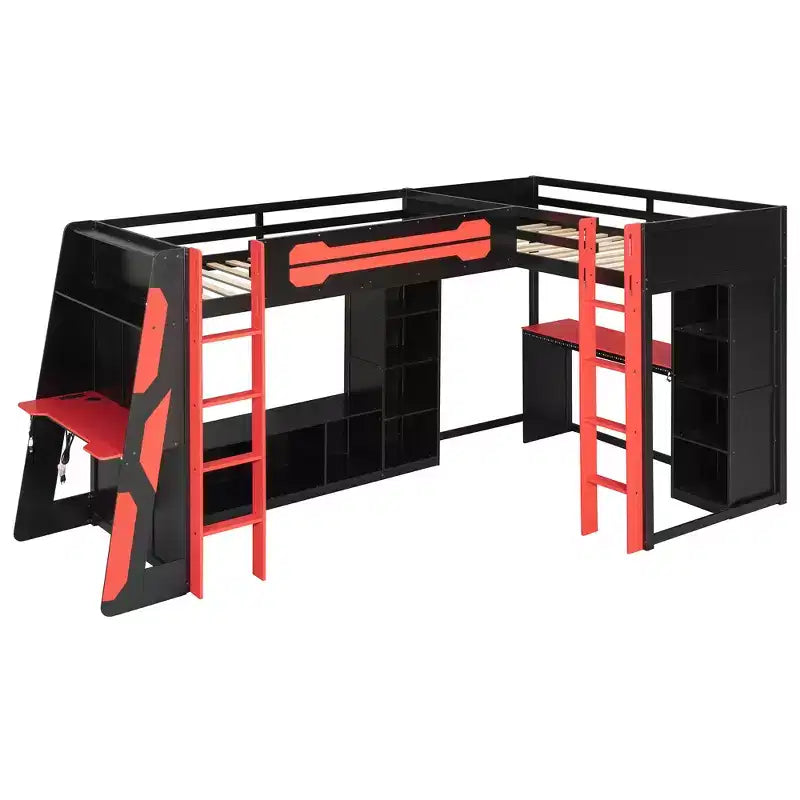 Lit mezzanine de jeu en L avec bureaux, lits superposés doubles avec lumières LED, ports USB, étagères de rangement, lit mezzanine d'angle en bois pour 2 personnes