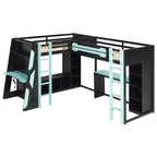 Lit mezzanine de jeu en L avec bureaux, lits superposés doubles avec lumières LED, ports USB, étagères de rangement, lit mezzanine d'angle en bois pour 2 personnes