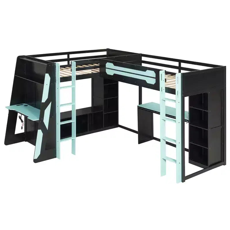 Lit mezzanine de jeu en L avec bureaux, lits superposés doubles avec lumières LED, ports USB, étagères de rangement, lit mezzanine d'angle en bois pour 2 personnes