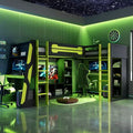 Lit mezzanine de jeu en L avec bureaux, lits superposés doubles avec lumières LED, ports USB, étagères de rangement, lit mezzanine d'angle en bois pour 2 personnes