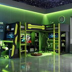 Lit mezzanine de jeu en L avec bureaux, lits superposés doubles avec lumières LED, ports USB, étagères de rangement, lit mezzanine d'angle en bois pour 2 personnes