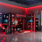 Lit mezzanine de jeu en L avec bureaux, lits superposés doubles avec lumières LED, ports USB, étagères de rangement, lit mezzanine d'angle en bois pour 2 personnes