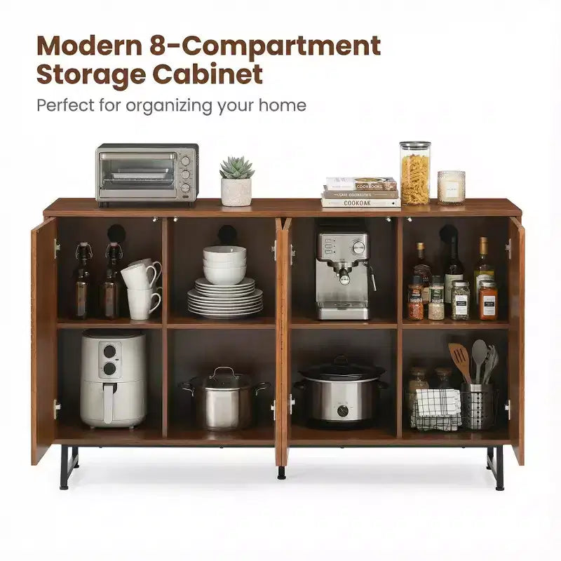 JVNOXK Buffet moderne du milieu du siècle de 59 pouces, multifonctionnel, meuble de rangement sculpté géométrique avec pieds en métal, idéal pour les salles à manger, en bois.