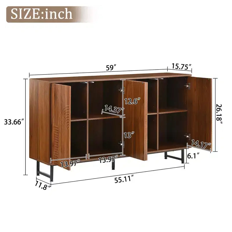 JVNOXK Buffet moderne du milieu du siècle de 59 pouces, multifonctionnel, meuble de rangement sculpté géométrique avec pieds en métal, idéal pour les salles à manger, en bois.