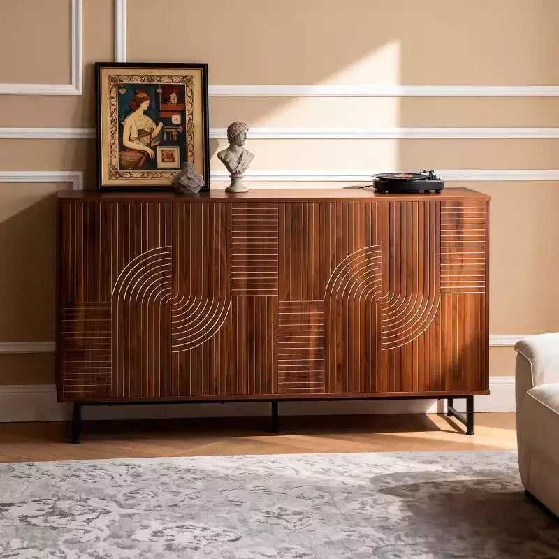 JVNOXK Buffet moderne du milieu du siècle de 59 pouces, multifonctionnel, meuble de rangement sculpté géométrique avec pieds en métal, idéal pour les salles à manger, en bois.