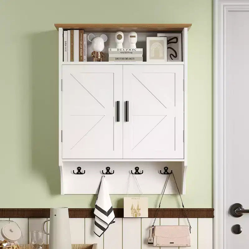 Meuble de salle de bain mural VECELO, Armoire de rangement de salle de bain peu encombrante avec étagères réglables et crochets pour salle de bain ou entrée, Blanc