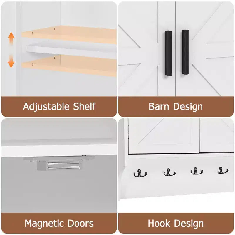 Meuble de salle de bain mural VECELO, Armoire de rangement de salle de bain peu encombrante avec étagères réglables et crochets pour salle de bain ou entrée, Blanc
