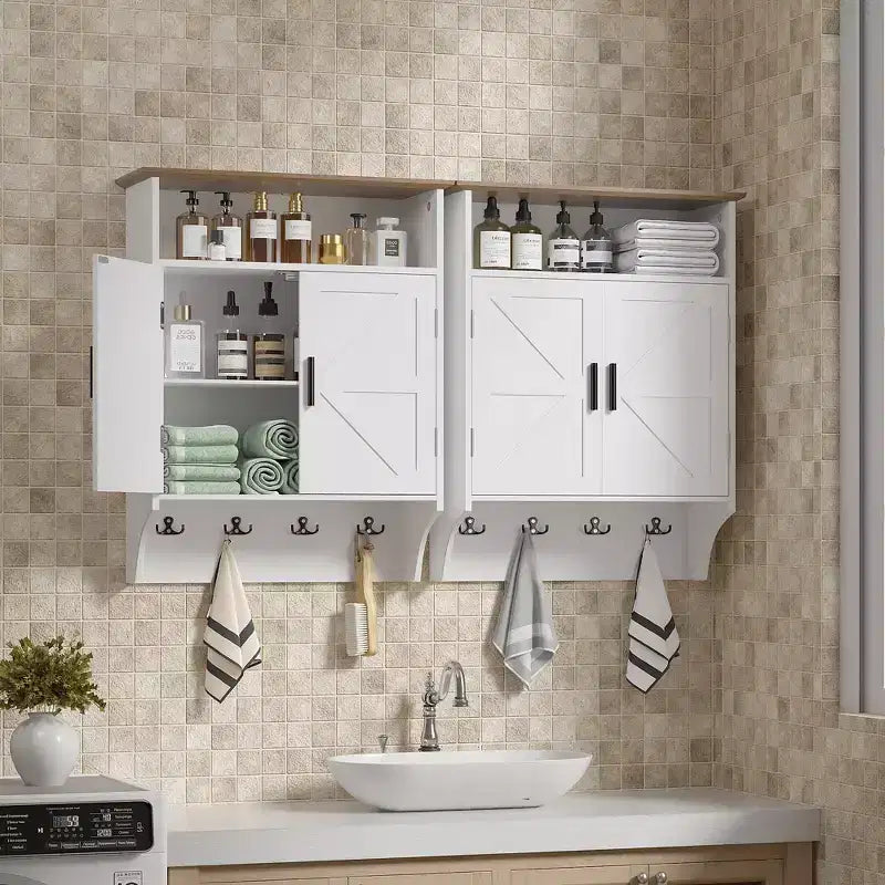 Meuble de salle de bain mural VECELO, Armoire de rangement de salle de bain peu encombrante avec étagères réglables et crochets pour salle de bain ou entrée, Blanc