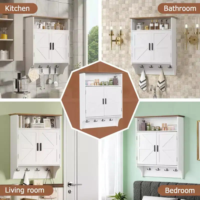 Meuble de salle de bain mural VECELO, Armoire de rangement de salle de bain peu encombrante avec étagères réglables et crochets pour salle de bain ou entrée, Blanc