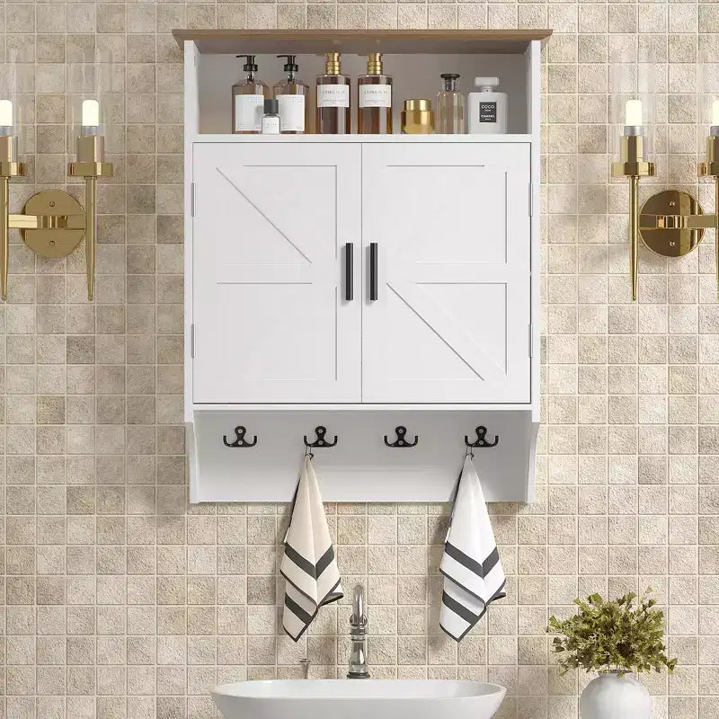 Meuble de salle de bain mural VECELO, Armoire de rangement de salle de bain peu encombrante avec étagères réglables et crochets pour salle de bain ou entrée, Blanc