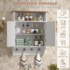 Meuble de salle de bain mural VECELO, Armoire de rangement de salle de bain peu encombrante avec étagères réglables et crochets pour salle de bain ou entrée, Blanc