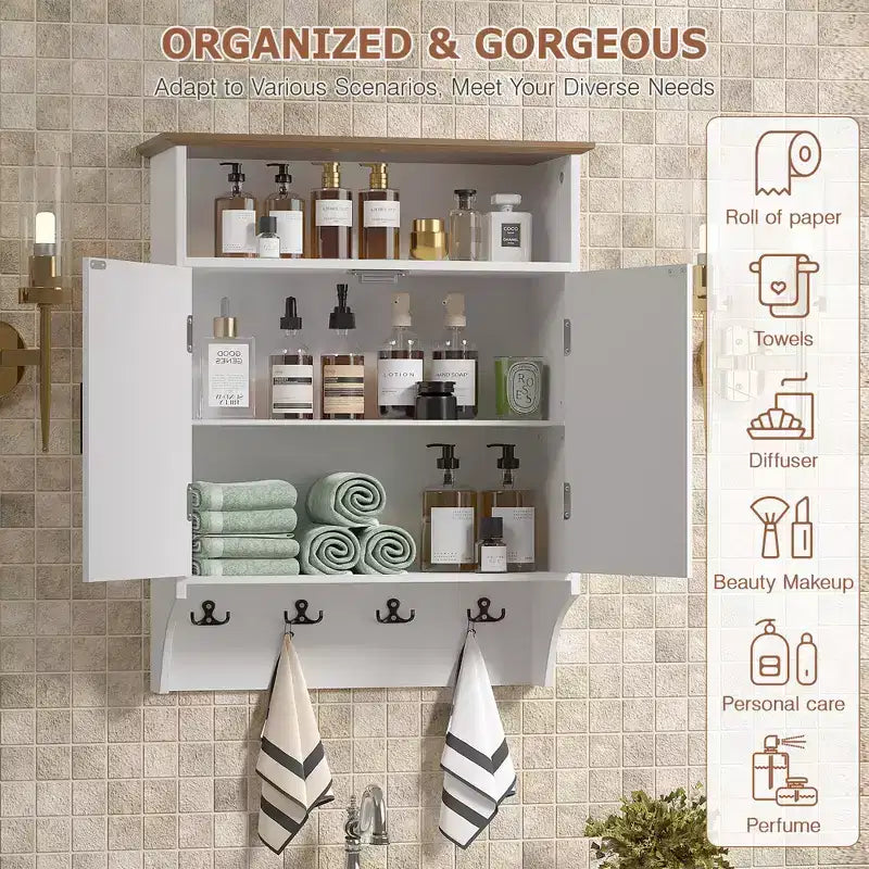 Meuble de salle de bain mural VECELO, Armoire de rangement de salle de bain peu encombrante avec étagères réglables et crochets pour salle de bain ou entrée, Blanc