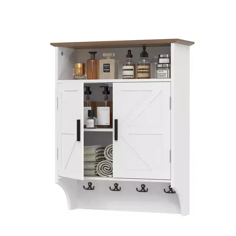Meuble de salle de bain mural VECELO, Armoire de rangement de salle de bain peu encombrante avec étagères réglables et crochets pour salle de bain ou entrée, Blanc