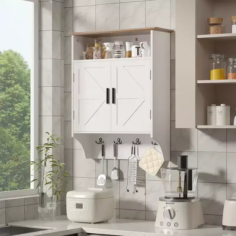 Meuble de salle de bain mural VECELO, Armoire de rangement de salle de bain peu encombrante avec étagères réglables et crochets pour salle de bain ou entrée, Blanc