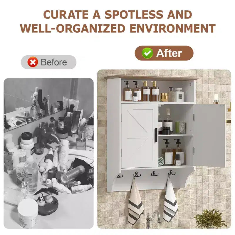 Meuble de salle de bain mural VECELO, Armoire de rangement de salle de bain peu encombrante avec étagères réglables et crochets pour salle de bain ou entrée, Blanc