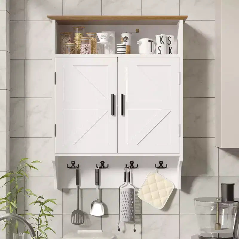 Meuble de salle de bain mural VECELO, Armoire de rangement de salle de bain peu encombrante avec étagères réglables et crochets pour salle de bain ou entrée, Blanc