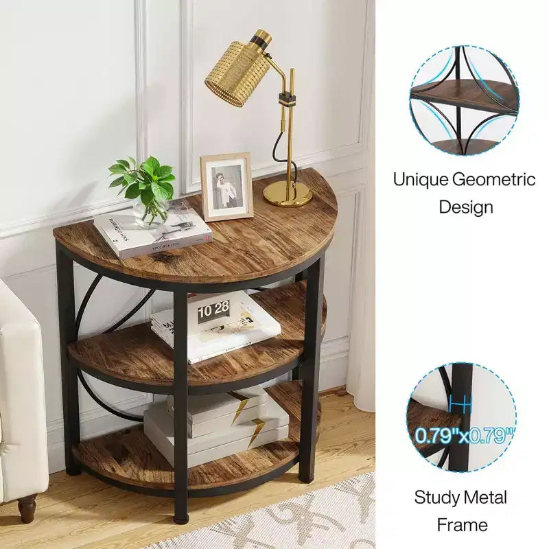Table d'appoint demi-ronde à 3 niveaux MAYEERTY, table d'appoint en métal marron rustique et noir