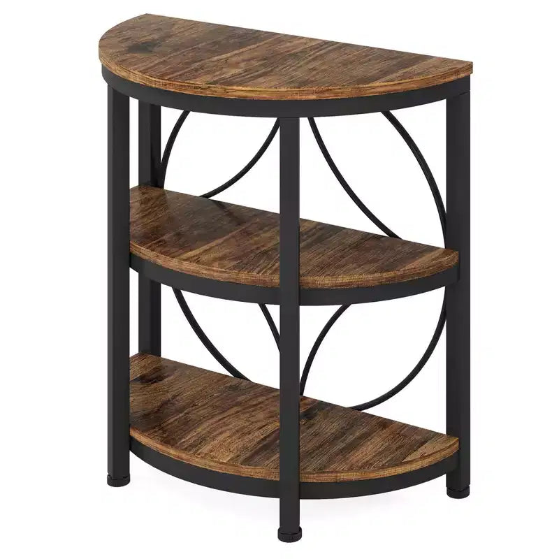 Table d'appoint demi-ronde à 3 niveaux MAYEERTY, table d'appoint en métal marron rustique et noir