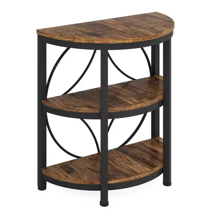 Table d'appoint demi-ronde à 3 niveaux MAYEERTY, table d'appoint en métal marron rustique et noir