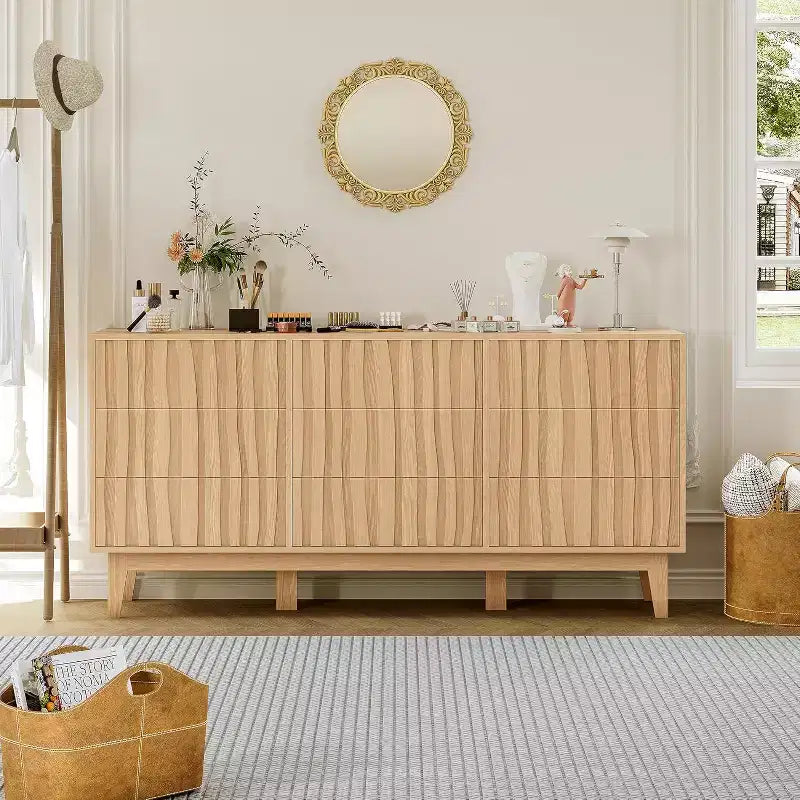 Fluted Dresser for Bedroom with 9 Drawers for Bedroom, Modern Fluted Chest of Drawers, Freestanding Wooden Storage Cabinet, TV Stand for Home Office