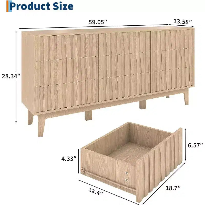 Commode cannelée pour chambre à coucher avec 9 tiroirs, commode cannelée moderne, armoire de rangement en bois autoportante, meuble TV pour bureau à domicile