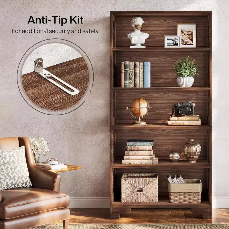 Bibliothèque Lantine de 180 cm de haut, grande étagère de style Mid-Century à 6 niveaux avec 5 étagères de rangement pour salon, bureau à domicile