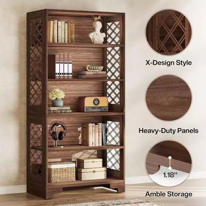 Bibliothèque Lantine de 180 cm de haut, grande étagère de style Mid-Century à 6 niveaux avec 5 étagères de rangement pour salon, bureau à domicile