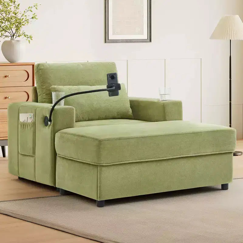 MAYEERTY Fauteuil moderne 42,5 Méridienne Canapé avec pouf de rangement amovible Deux porte-gobelets Poches latérales pour salon Vert