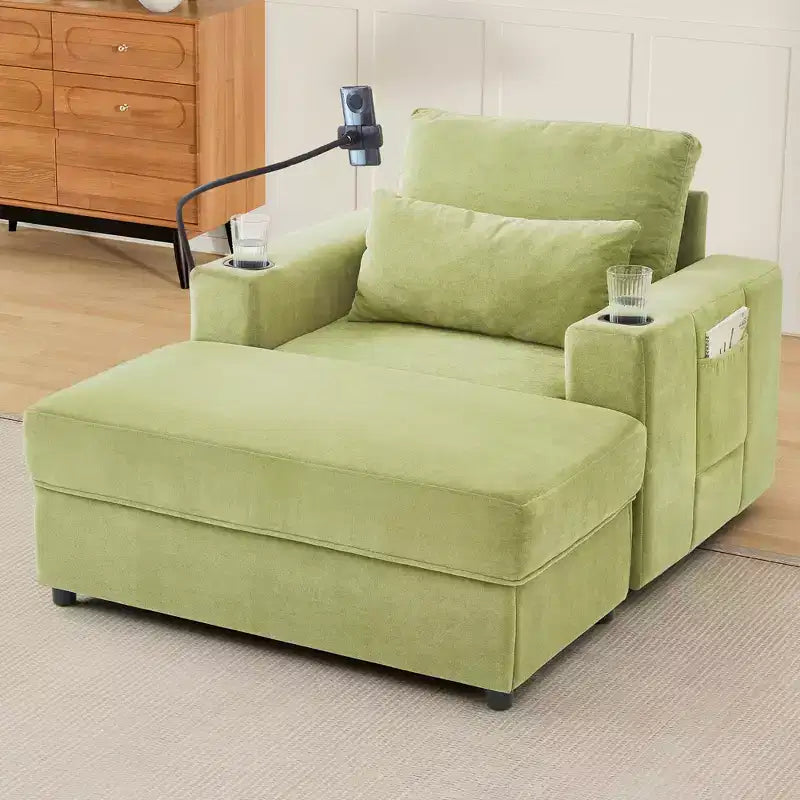 MAYEERTY Fauteuil moderne 42,5 Méridienne Canapé avec pouf de rangement amovible Deux porte-gobelets Poches latérales pour salon Vert