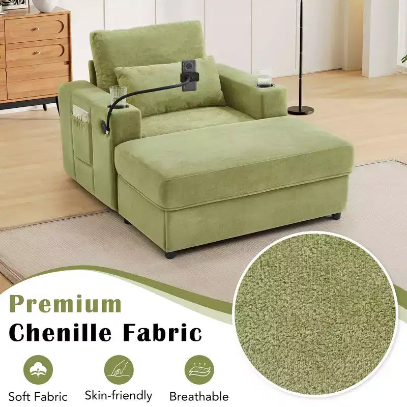 MAYEERTY Fauteuil moderne 42,5 Méridienne Canapé avec pouf de rangement amovible Deux porte-gobelets Poches latérales pour salon Vert