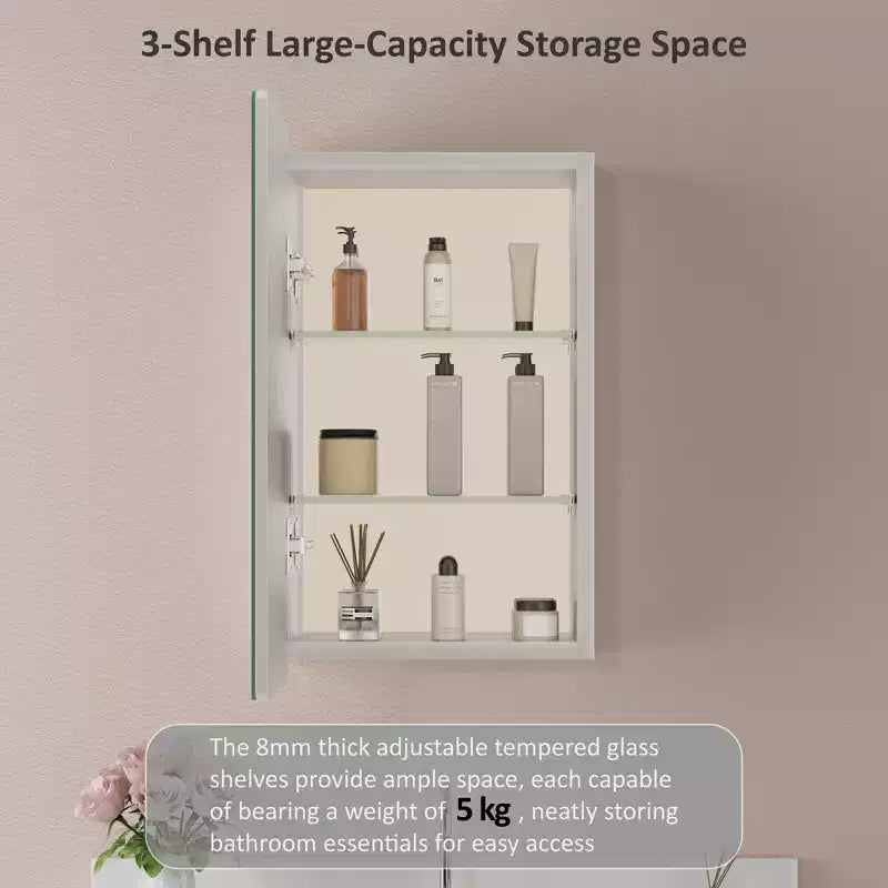 Armoire à pharmacie murale avec miroir, cadre en métal à coins arrondis, style moderne, pour salle de bain