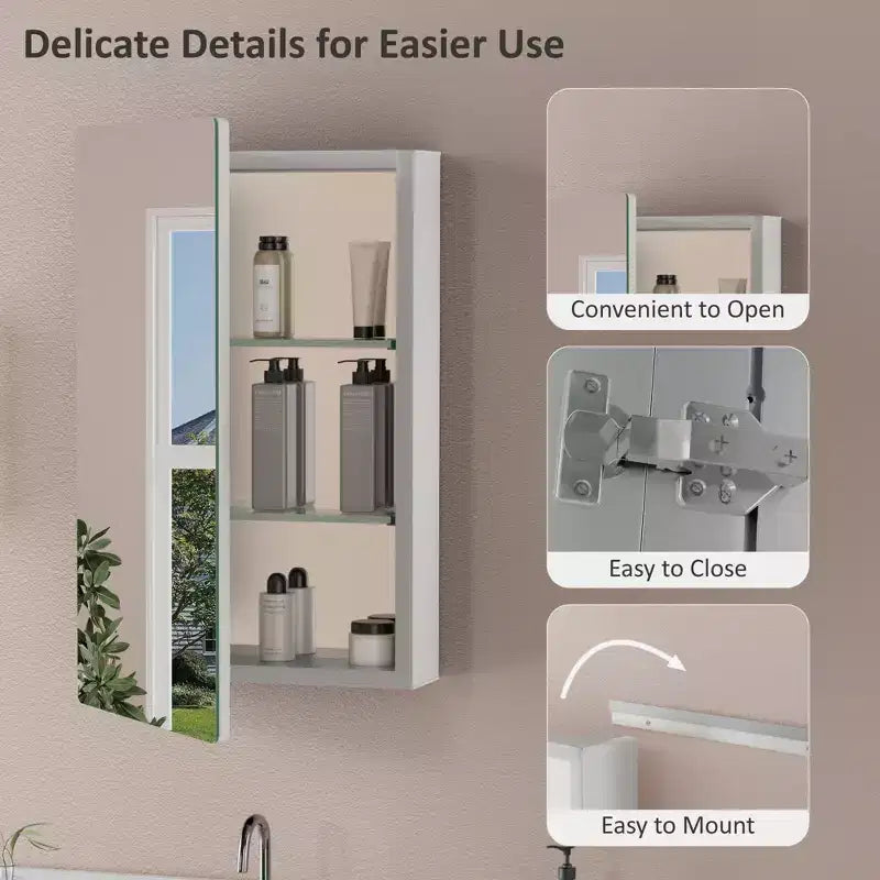 Armoire à pharmacie murale avec miroir, cadre en métal à coins arrondis, style moderne, pour salle de bain