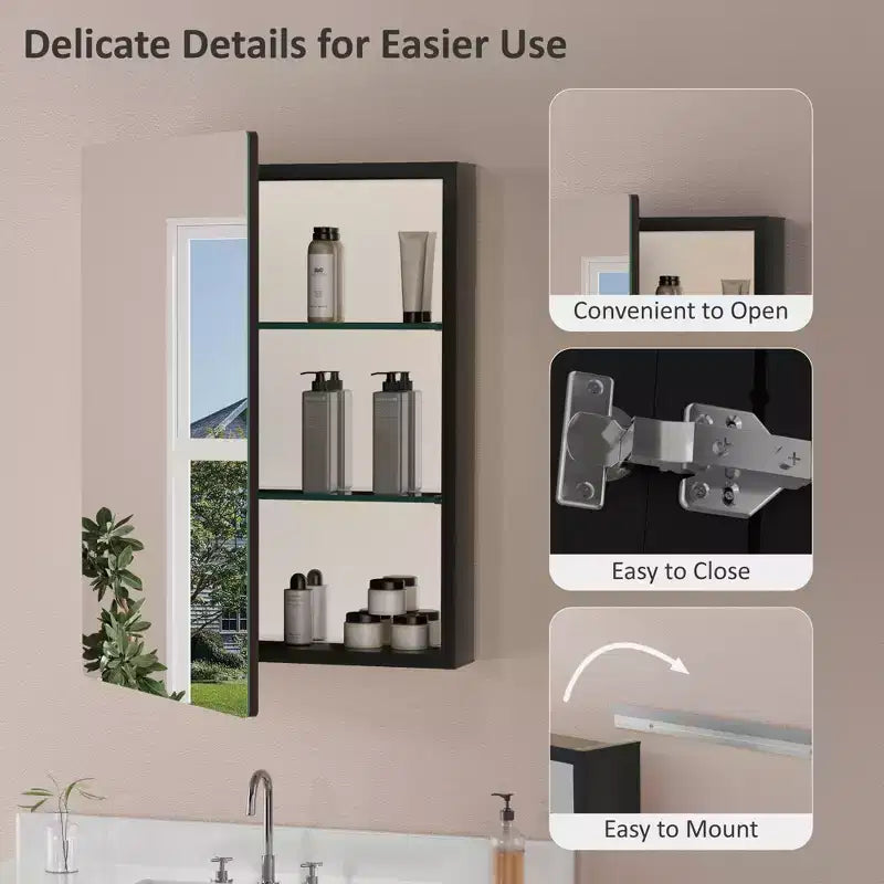 Armoire à pharmacie murale avec miroir, cadre en métal à coins arrondis, style moderne, pour salle de bain