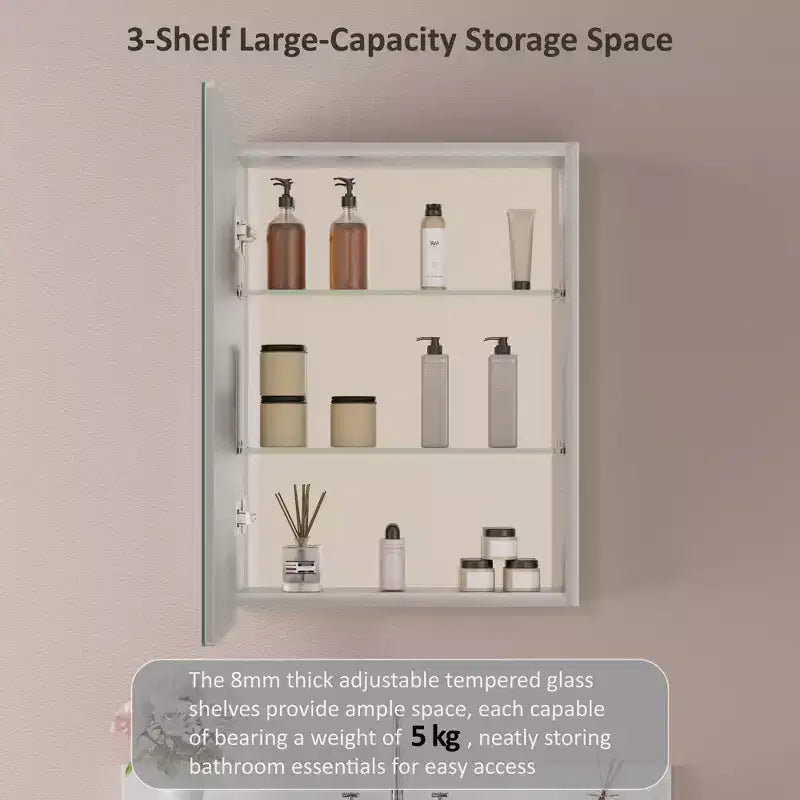 Armoire à pharmacie murale avec miroir, cadre en métal à coins arrondis, style moderne, pour salle de bain