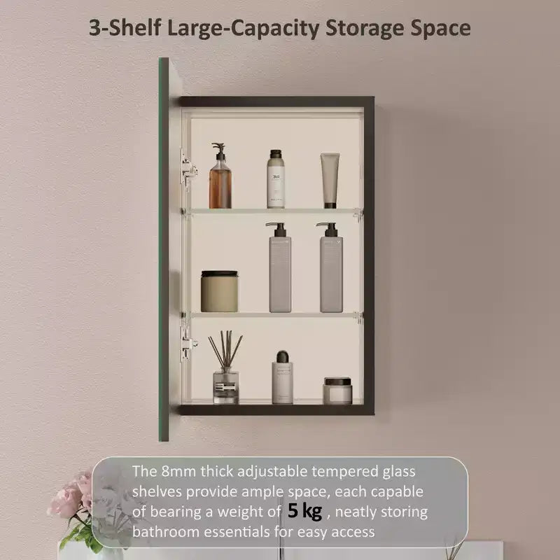 Armoire à pharmacie murale avec miroir, cadre en métal à coins arrondis, style moderne, pour salle de bain