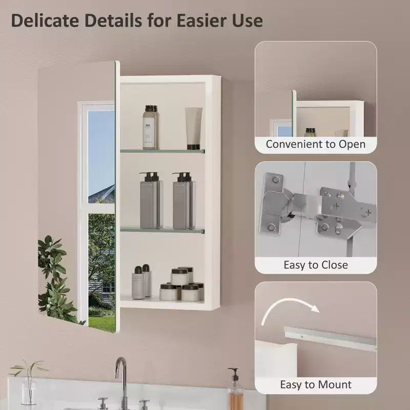 Armoire à pharmacie murale avec miroir, cadre en métal à coins arrondis, style moderne, pour salle de bain