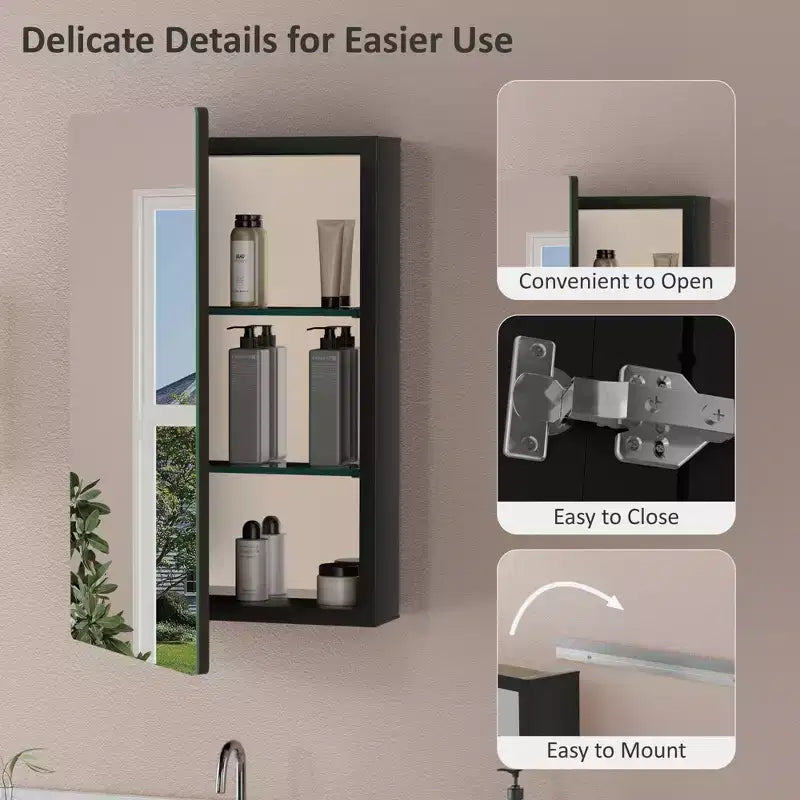 Armoire à pharmacie murale avec miroir, cadre en métal à coins arrondis, style moderne, pour salle de bain