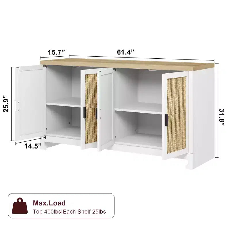 Meuble de rangement d'appoint en rotin GustoWave avec 4 portes et étagère – Buffet moderne pour bar à café, salle à manger, cuisine, salon