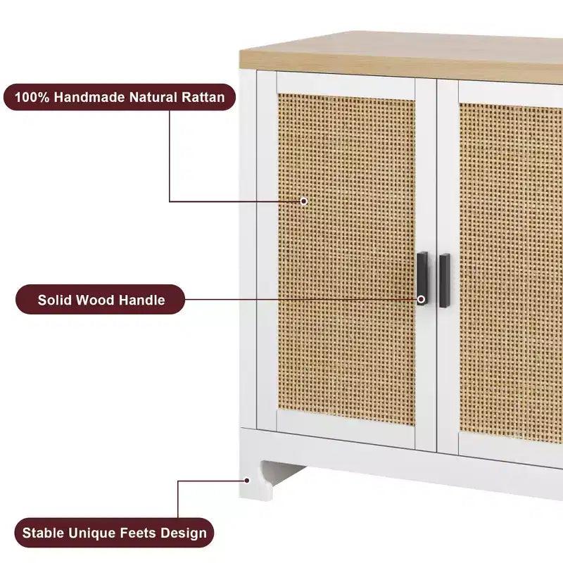 Meuble de rangement d'appoint en rotin GustoWave avec 4 portes et étagère – Buffet moderne pour bar à café, salle à manger, cuisine, salon
