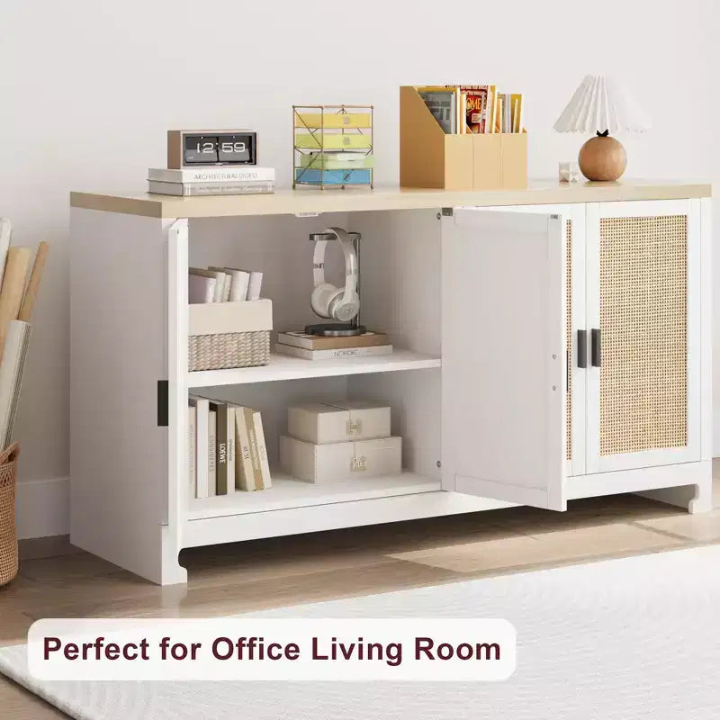 Meuble de rangement d'appoint en rotin GustoWave avec 4 portes et étagère – Buffet moderne pour bar à café, salle à manger, cuisine, salon