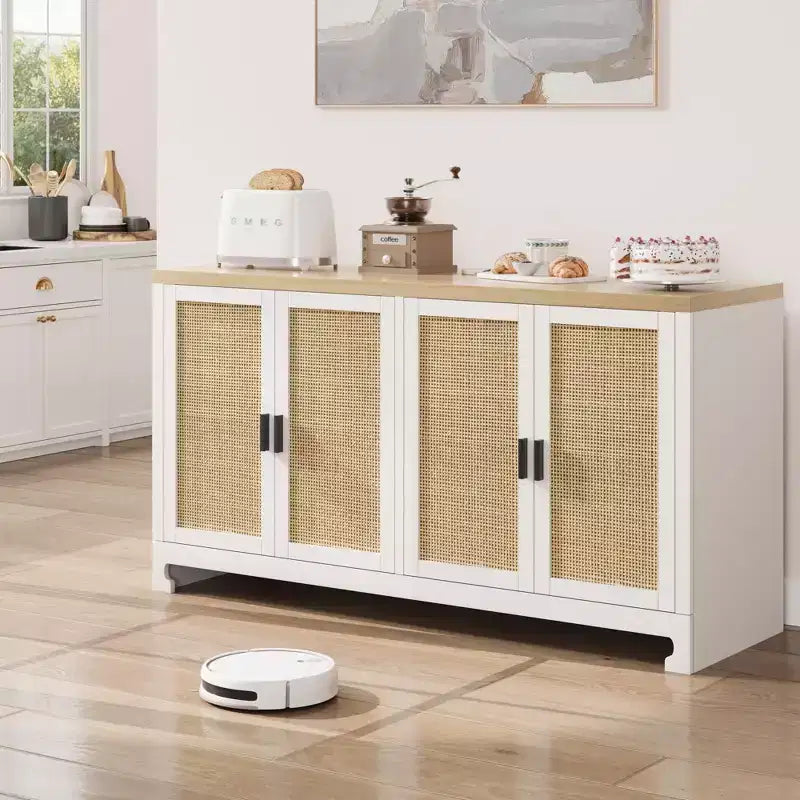 Meuble de rangement d'appoint en rotin GustoWave avec 4 portes et étagère – Buffet moderne pour bar à café, salle à manger, cuisine, salon