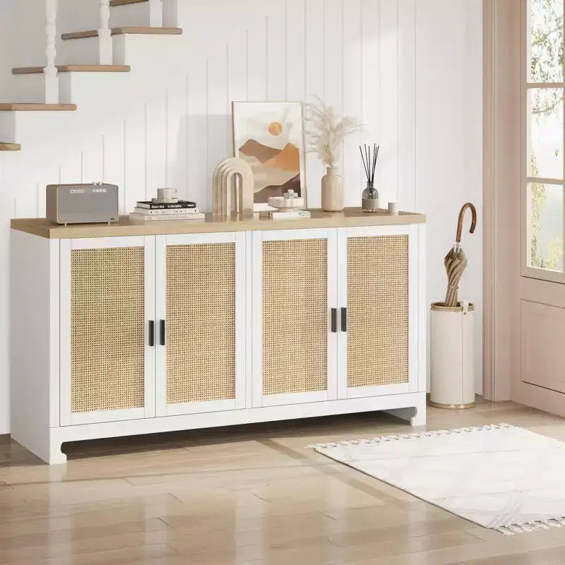 Meuble de rangement d'appoint en rotin GustoWave avec 4 portes et étagère – Buffet moderne pour bar à café, salle à manger, cuisine, salon
