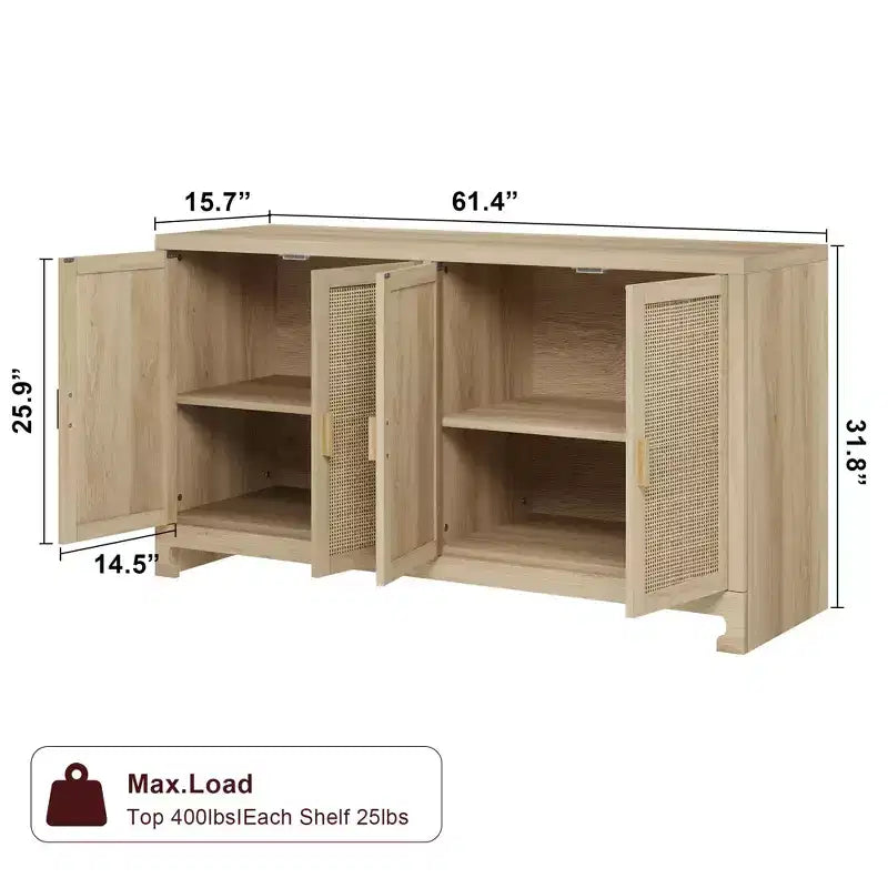 Meuble de rangement d'appoint en rotin GustoWave avec 4 portes et étagère – Buffet moderne pour bar à café, salle à manger, cuisine, salon