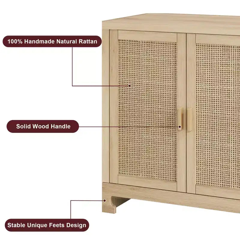 Meuble de rangement d'appoint en rotin GustoWave avec 4 portes et étagère – Buffet moderne pour bar à café, salle à manger, cuisine, salon