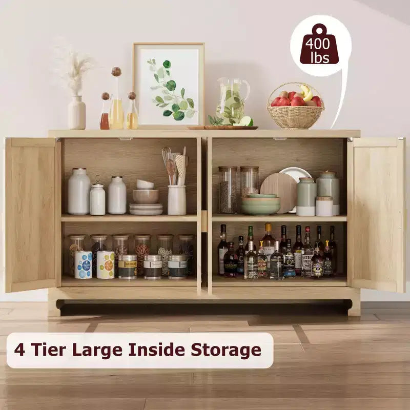 Meuble de rangement d'appoint en rotin GustoWave avec 4 portes et étagère – Buffet moderne pour bar à café, salle à manger, cuisine, salon