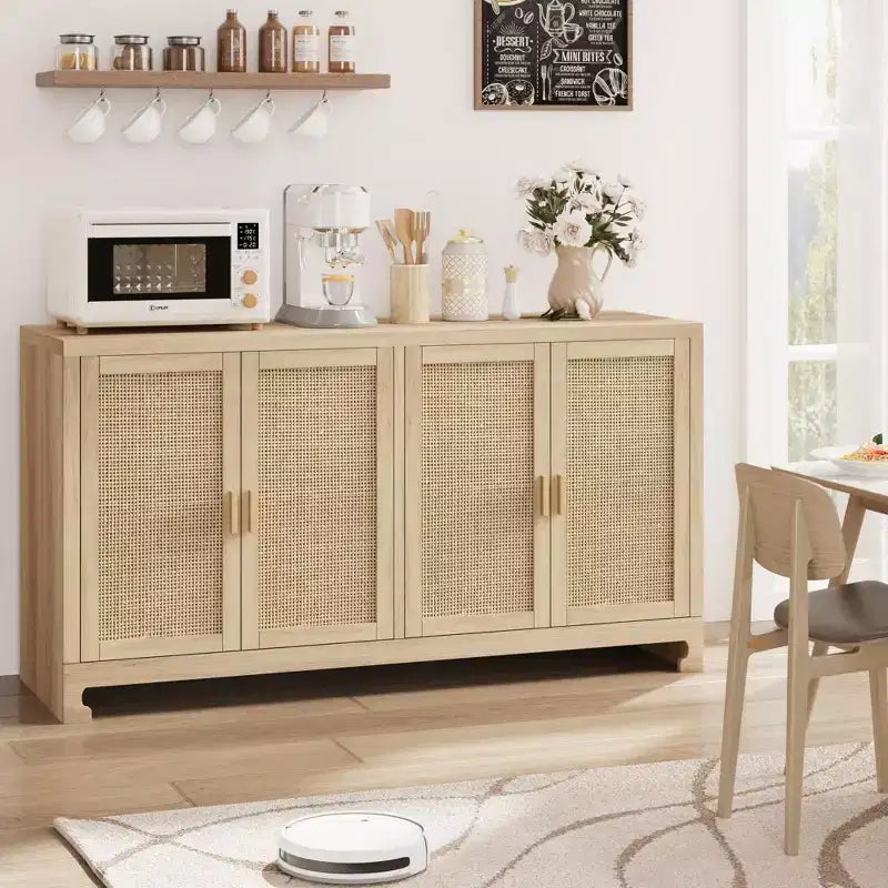 Meuble de rangement d'appoint en rotin GustoWave avec 4 portes et étagère – Buffet moderne pour bar à café, salle à manger, cuisine, salon